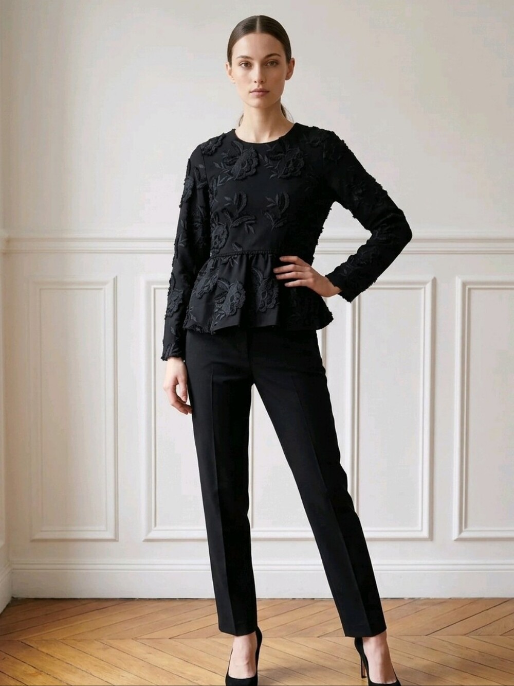 Club Monaco Black 3D Floral Applique Embroidered Peplum Blouse XS